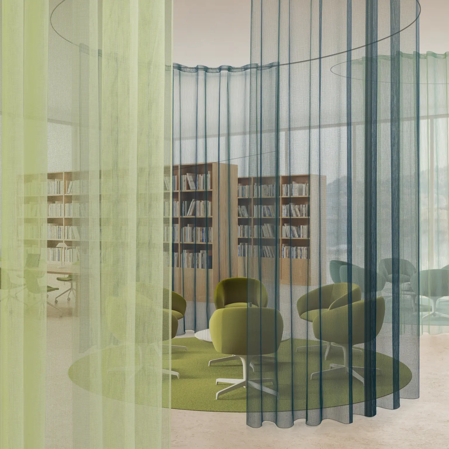 Gridd sheer curtain fabric in layered green and blue tones, dividing an open-plan interior into separate zones.
