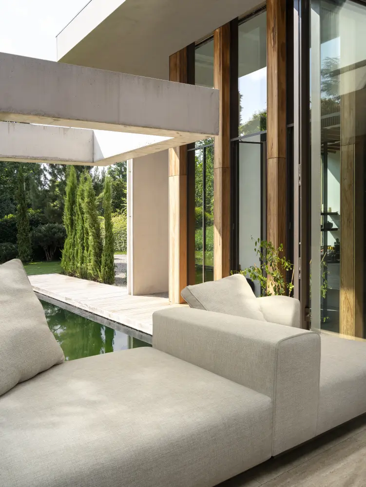 Laguna & Bay indoor-outdoor upholstery fabrics by Vescom in a modern interior setting.