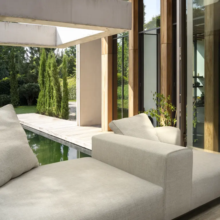 Laguna & Bay indoor-outdoor upholstery fabrics by Vescom in a modern interior setting.