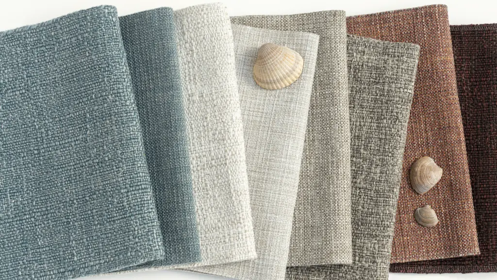 Laguna and Bay fabric samples by Vescom with irregular and melange woven structures