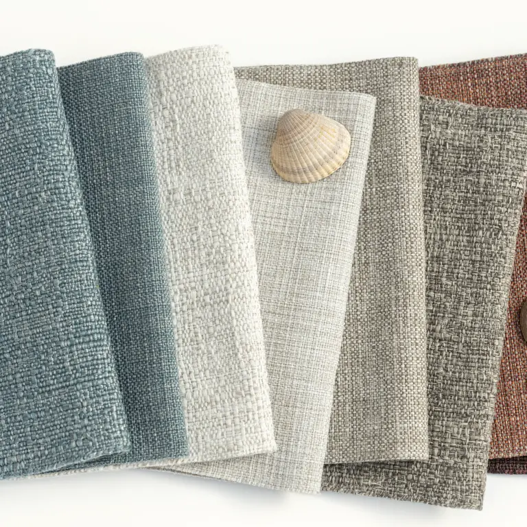 Laguna and Bay fabric samples by Vescom with irregular and melange woven structures