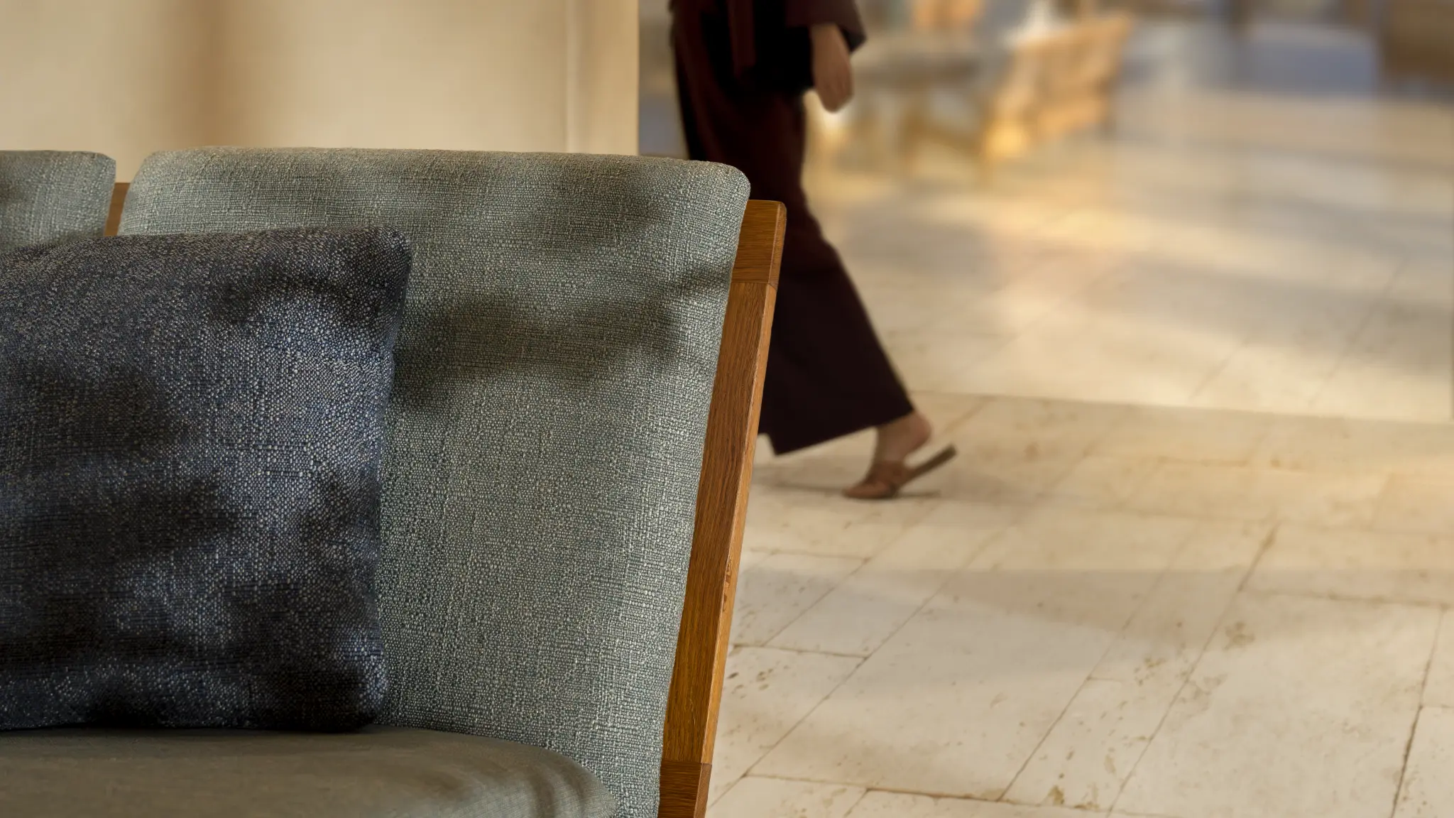 Laguna upholstery fabric by Vescom applied on seating with natural, crafted appearance