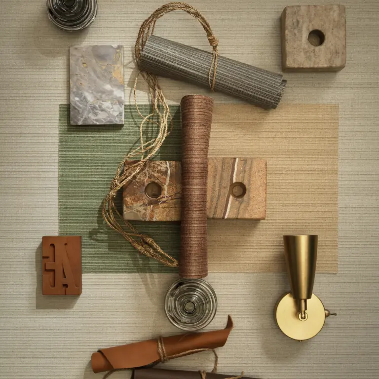 Vescom Forte textile wallcovering with a horizontal yarn structure, creating a rib effect, shown with material samples in a styled interior composition