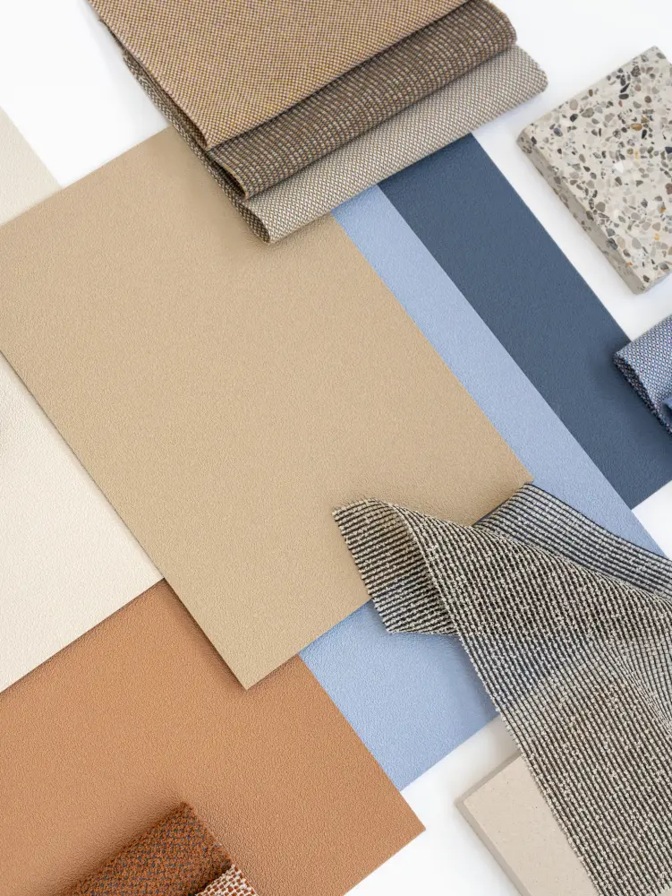 Vescom Colour Choice Blue Breeze vinyl wallcovering collage with soft blue surfaces and calming textures