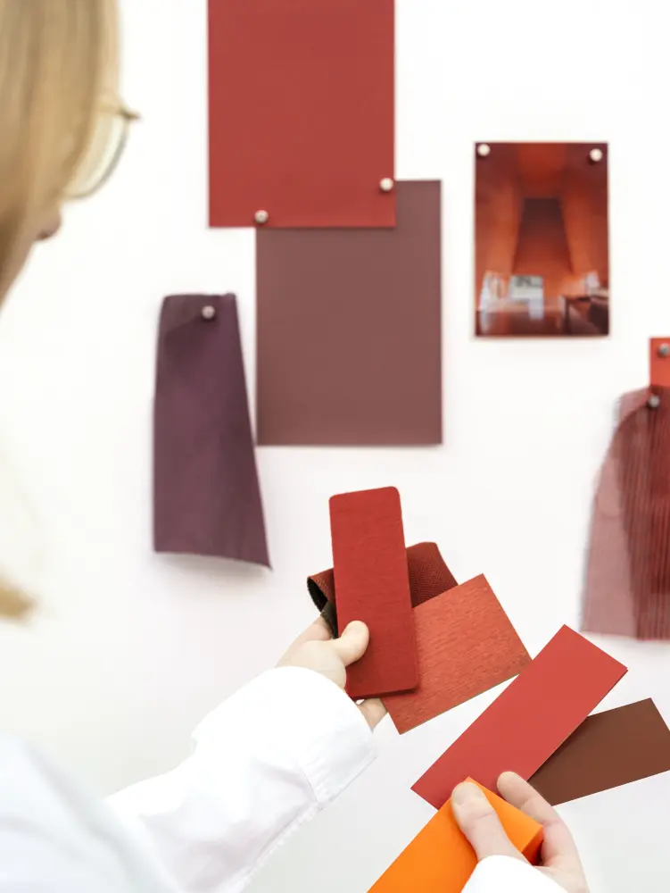 Vescom Colour Choice custom colour matching process with multiple red sample variations