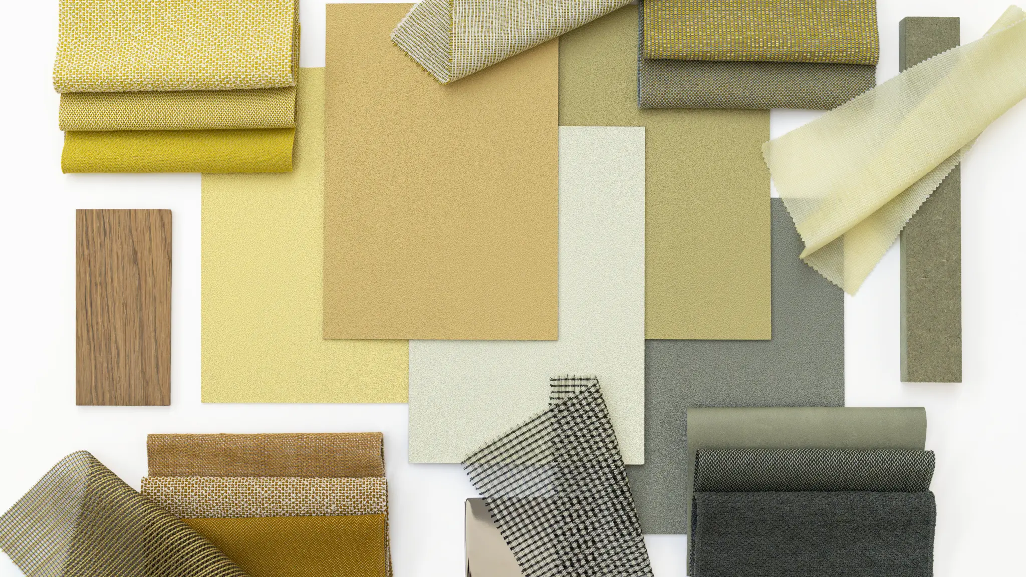 Vescom Colour Choice Mellow Ochre vinyl wallcovering collage with golden yellow tones and warm materials