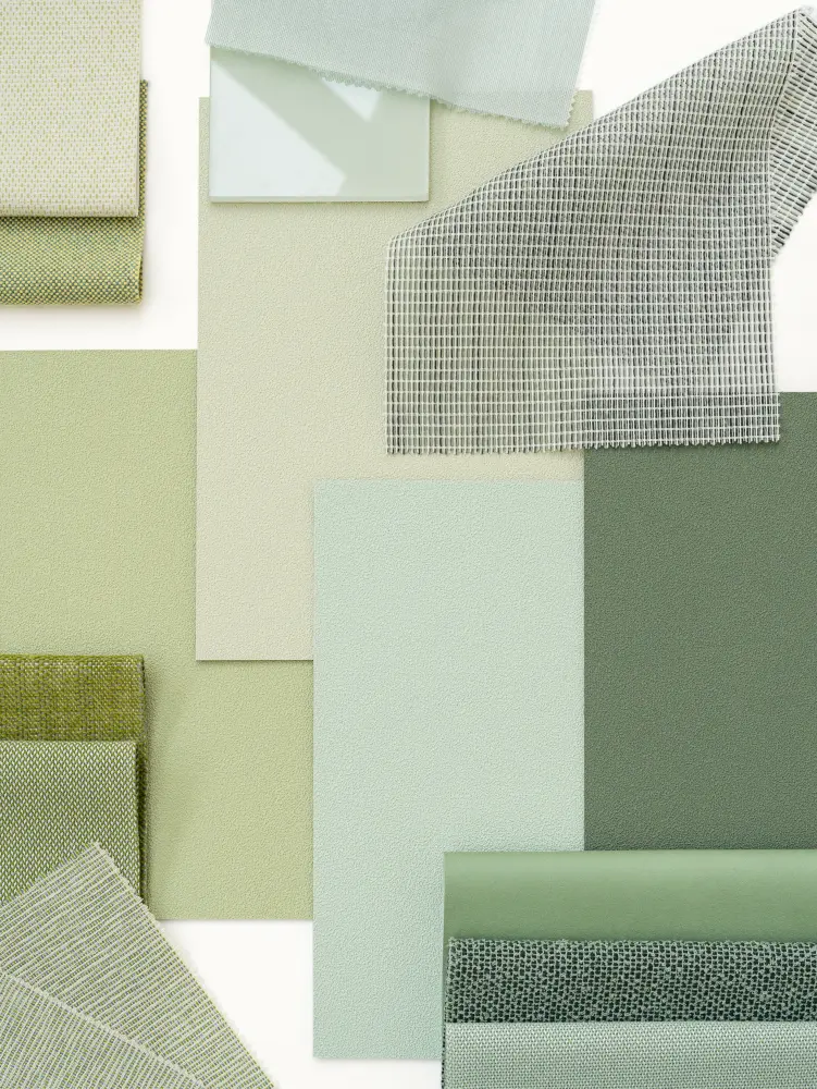 Vescom Colour Choice Soft Nature vinyl wallcovering collage with sage green shades and layered textures