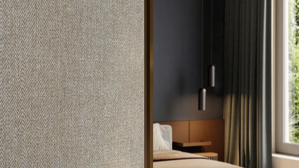 Vescom Harrison vinyl wallcovering adding a tailored herringbone texture to a warm interior space.