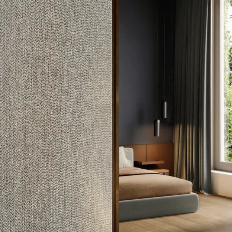 Vescom Harrison vinyl wallcovering adding a tailored herringbone texture to a warm interior space.