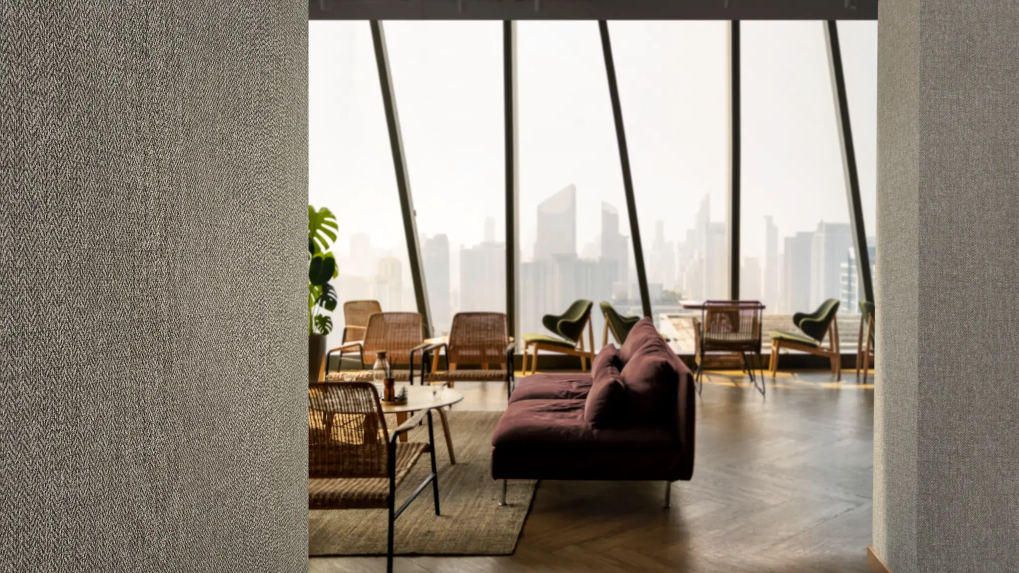 Vescom Harrison wallcovering used in a hospitality interior with warm lighting and a tailored sense of comfort.