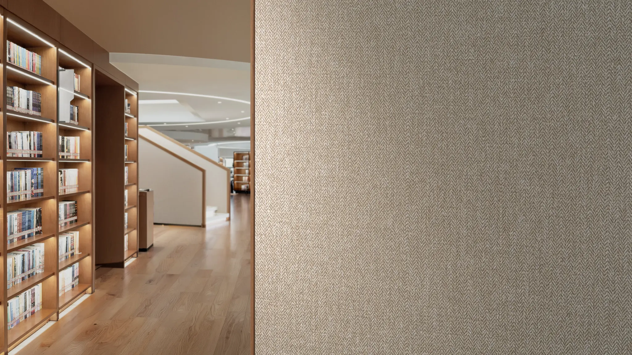 Vescom Harrison wallcovering on wall showing a neutral herringbone colourway with a soft woollen appearance.