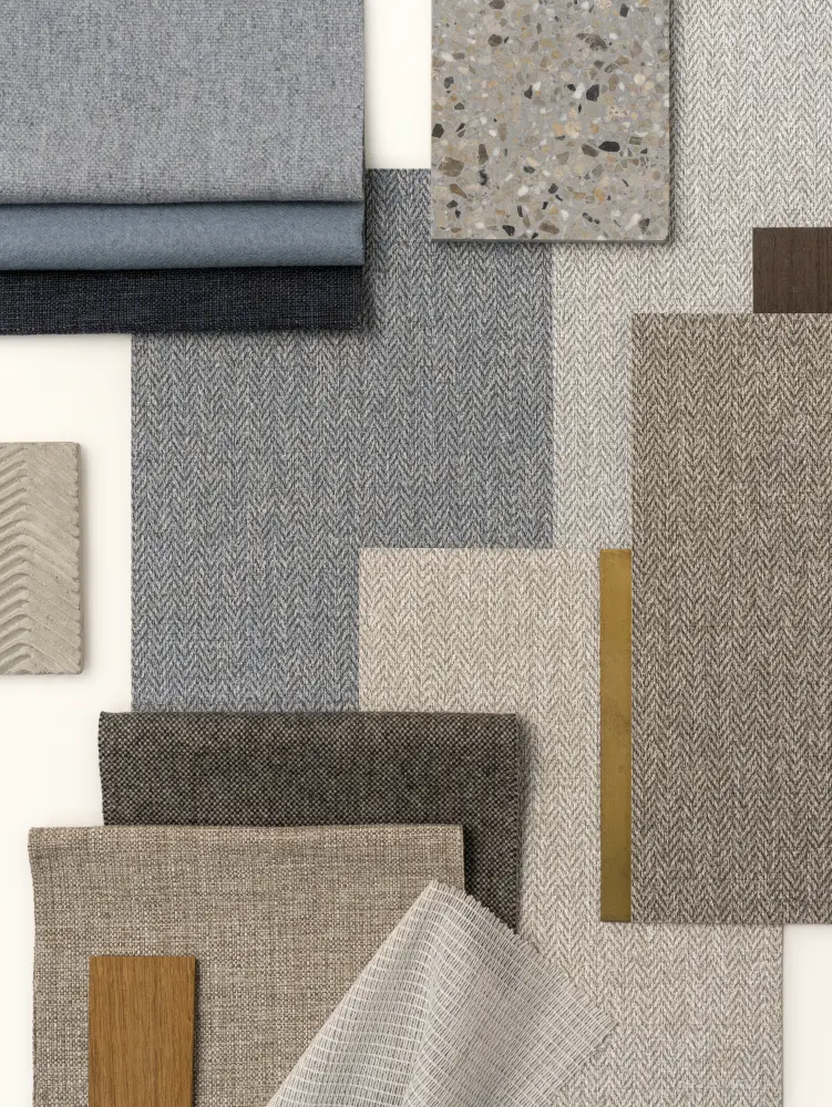 Vescom Harrison colour palette with neutral herringbone wallcovering samples and warm wool-inspired tones.
