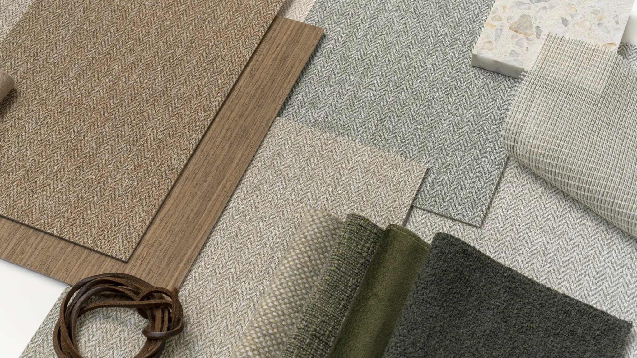 Vescom Harrison material palette showing textured herringbone wallcovering samples with warm woollen tones.