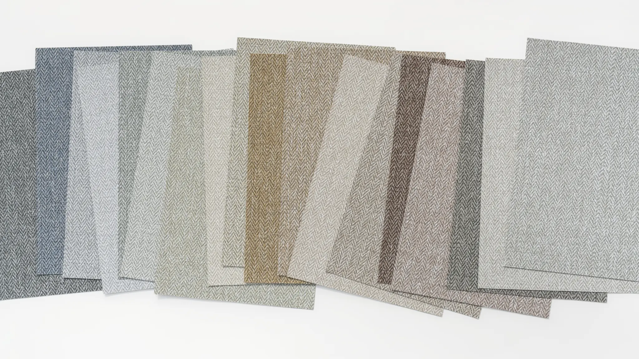 Vescom Harrison colour range showing recycled vinyl wallcovering samples in natural woollen tones.