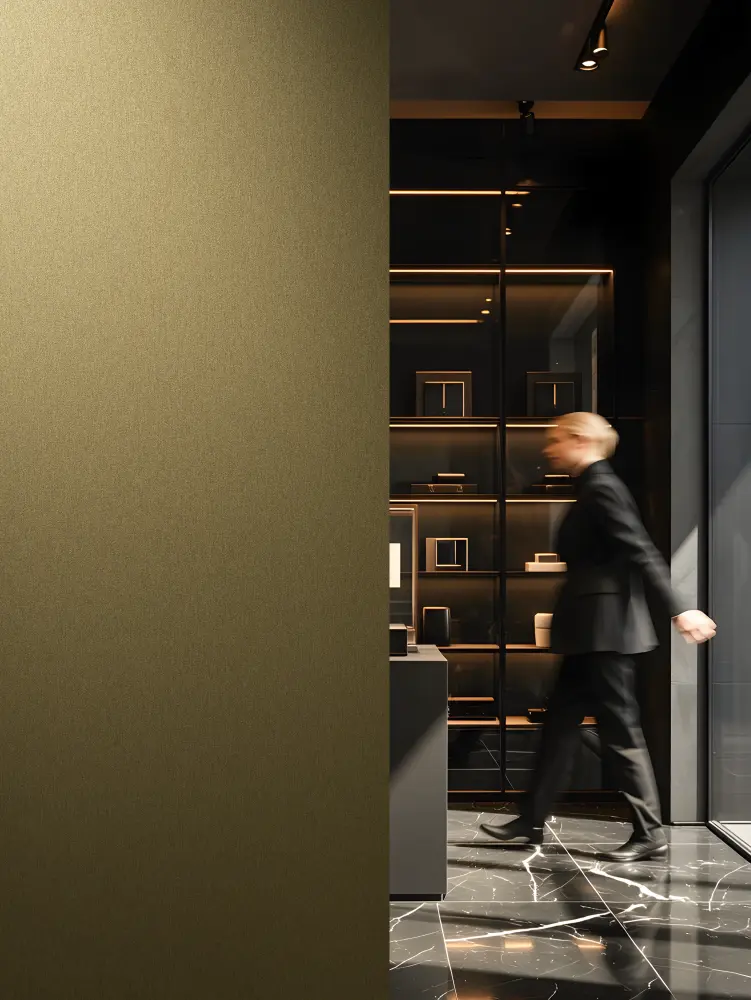 Vescom Stellar vinyl wallcovering bringing subdued radiance to a moody interior scheme.