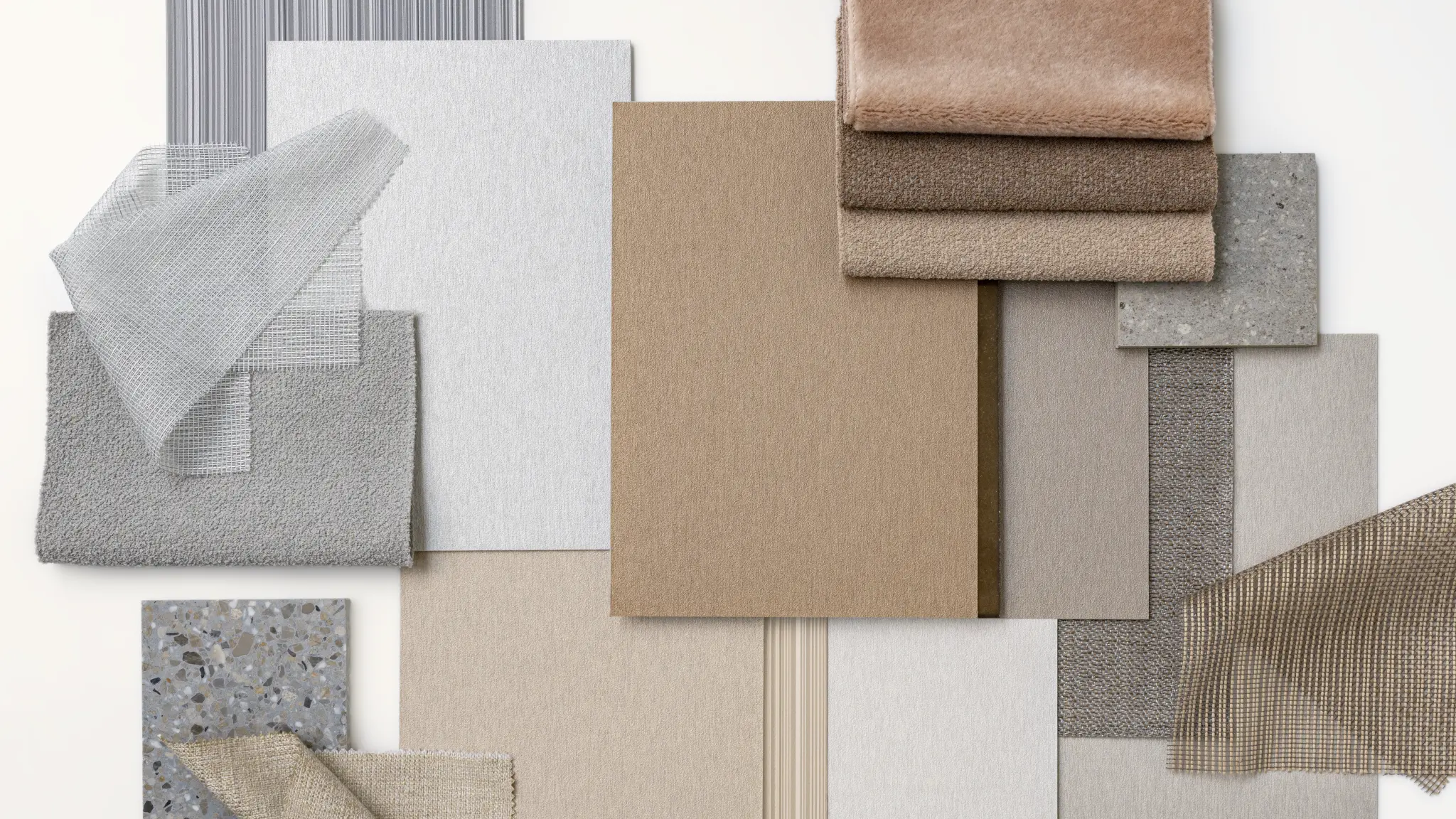 Vescom Stellar moodboard with wallcovering samples, material references and soft mineral colour combinations.
