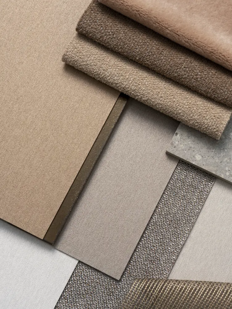 Vescom Stellar colour matching palette with brushed metallic wallcovering samples and coordinating material swatches.