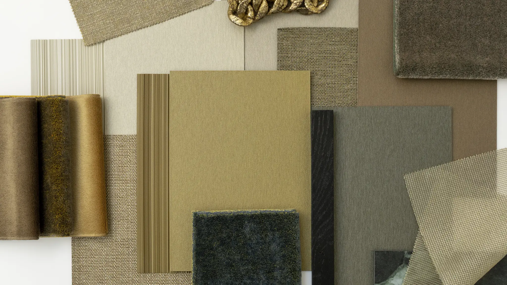 Vescom Stellar wallcovering samples shown in an interior moodboard with metallic tones, panels and material details.