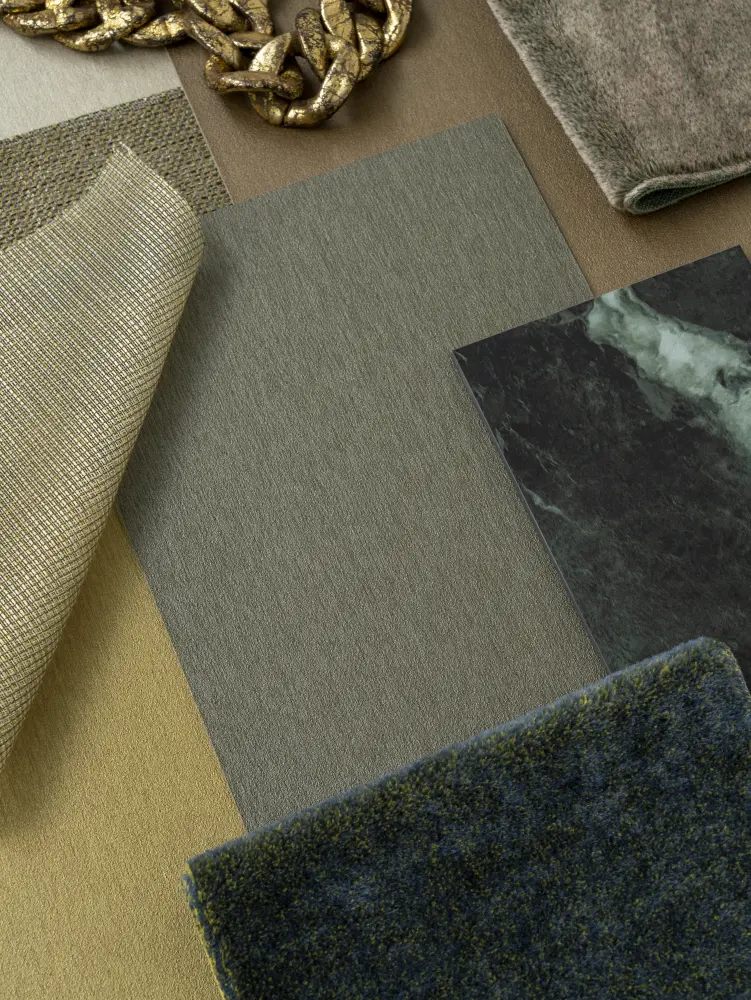 Vescom Stellar material combination with muted green, gold and mineral wallcovering tones.