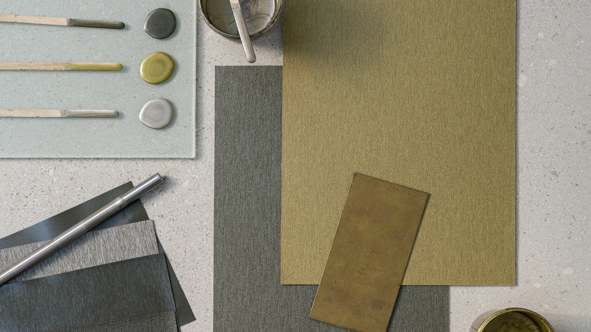 Vescom Stellar moodboard with wallcovering swatches, colour cards and brushed metallic material references.